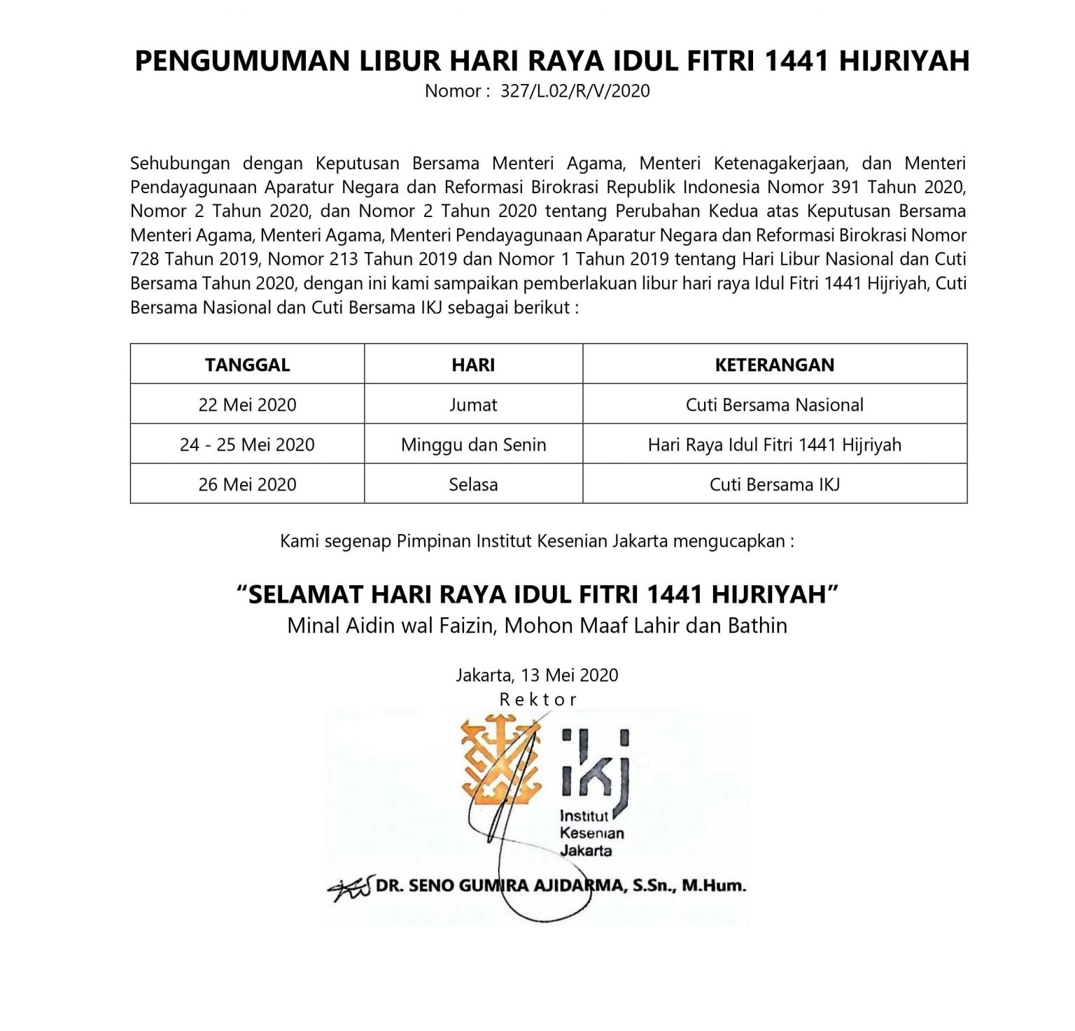 Pengumuman Libur Idul Fitri 1441 H Institut Kesenian Jakarta 7987